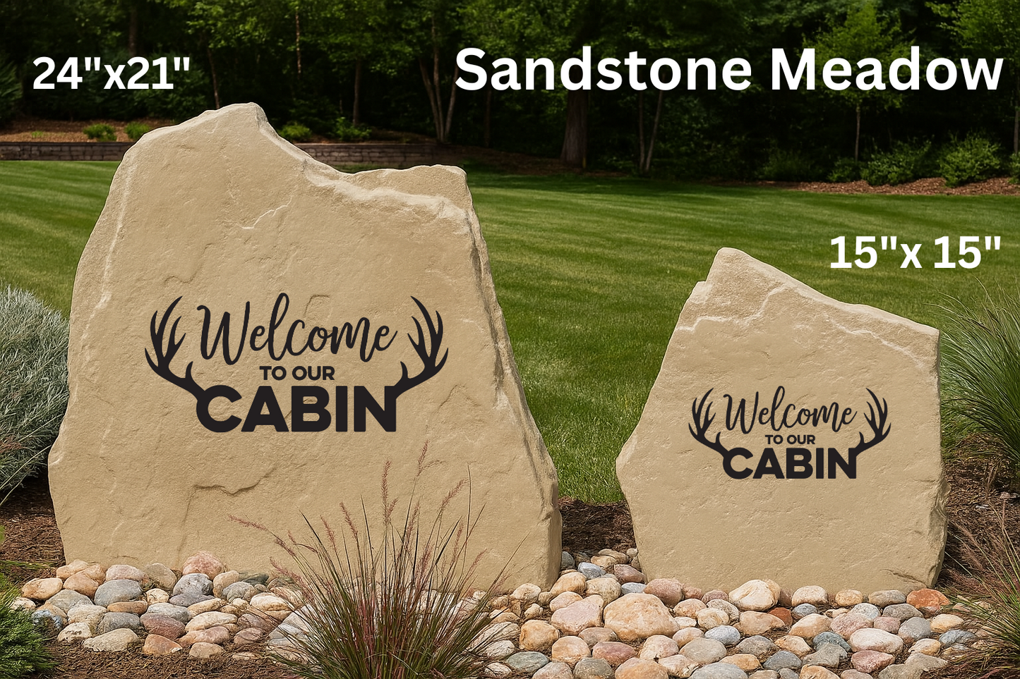 Engraved Antler Cabin Welcome Stone – Rustic Outdoor Name Sign