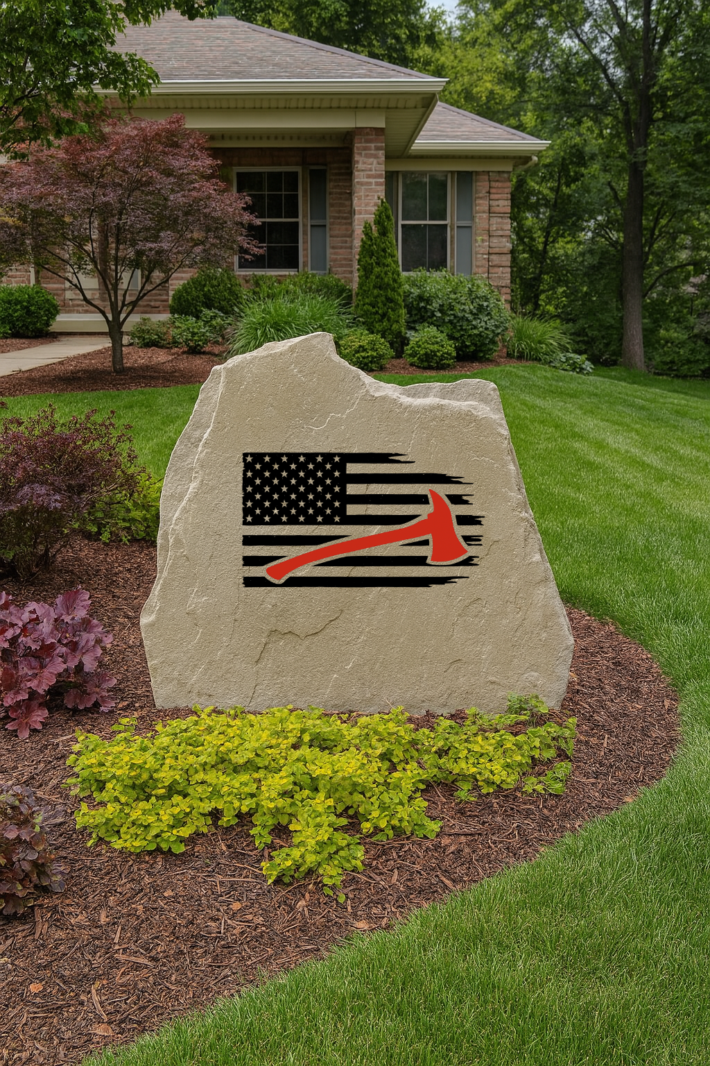 Firefighter Red Axe USA Flag Stone – Outdoor Tribute Yard Decor