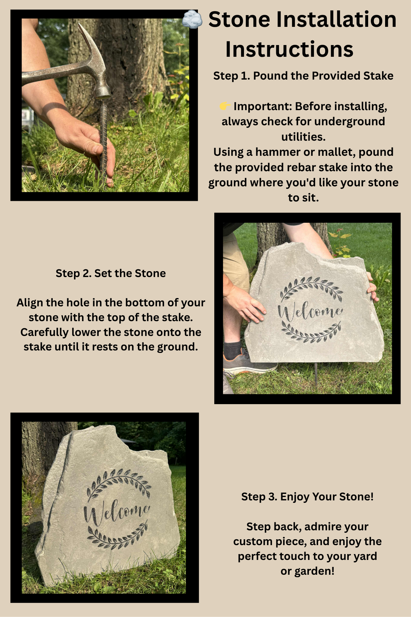 Deer Tree Scene Name or Address Stone – Custom Engraved Outdoor Rock