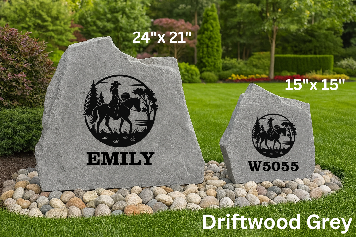 Cowgirl Scene Engraved Stone – Western Yard Decor, Personalized Ranch Entrance Sign, Outdoor Monument with Monument Paint Engraving