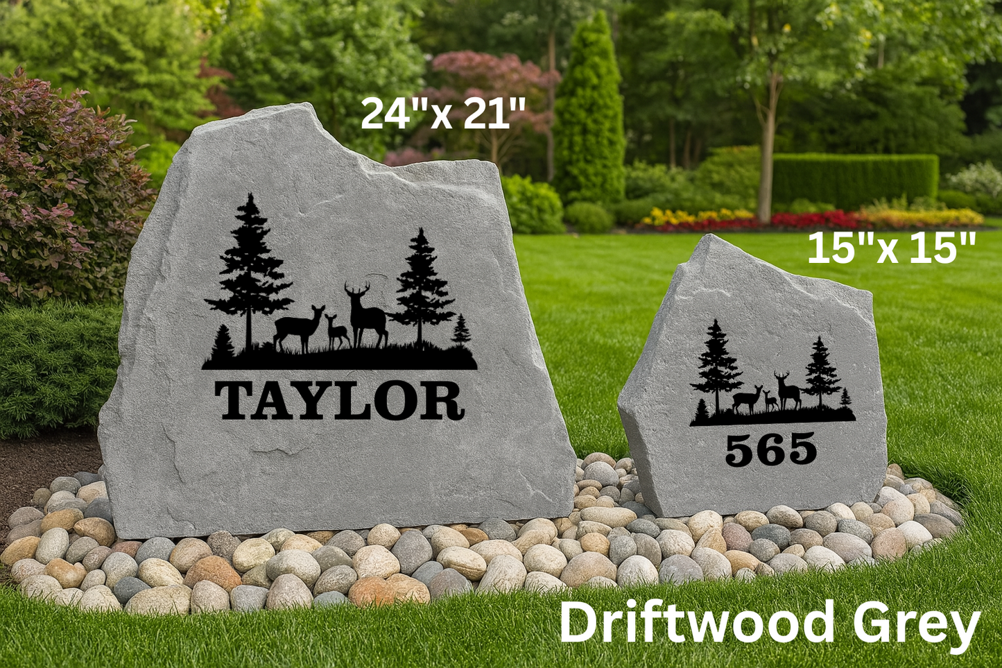 Deer Tree Scene Name or Address Stone – Custom Engraved Outdoor Rock
