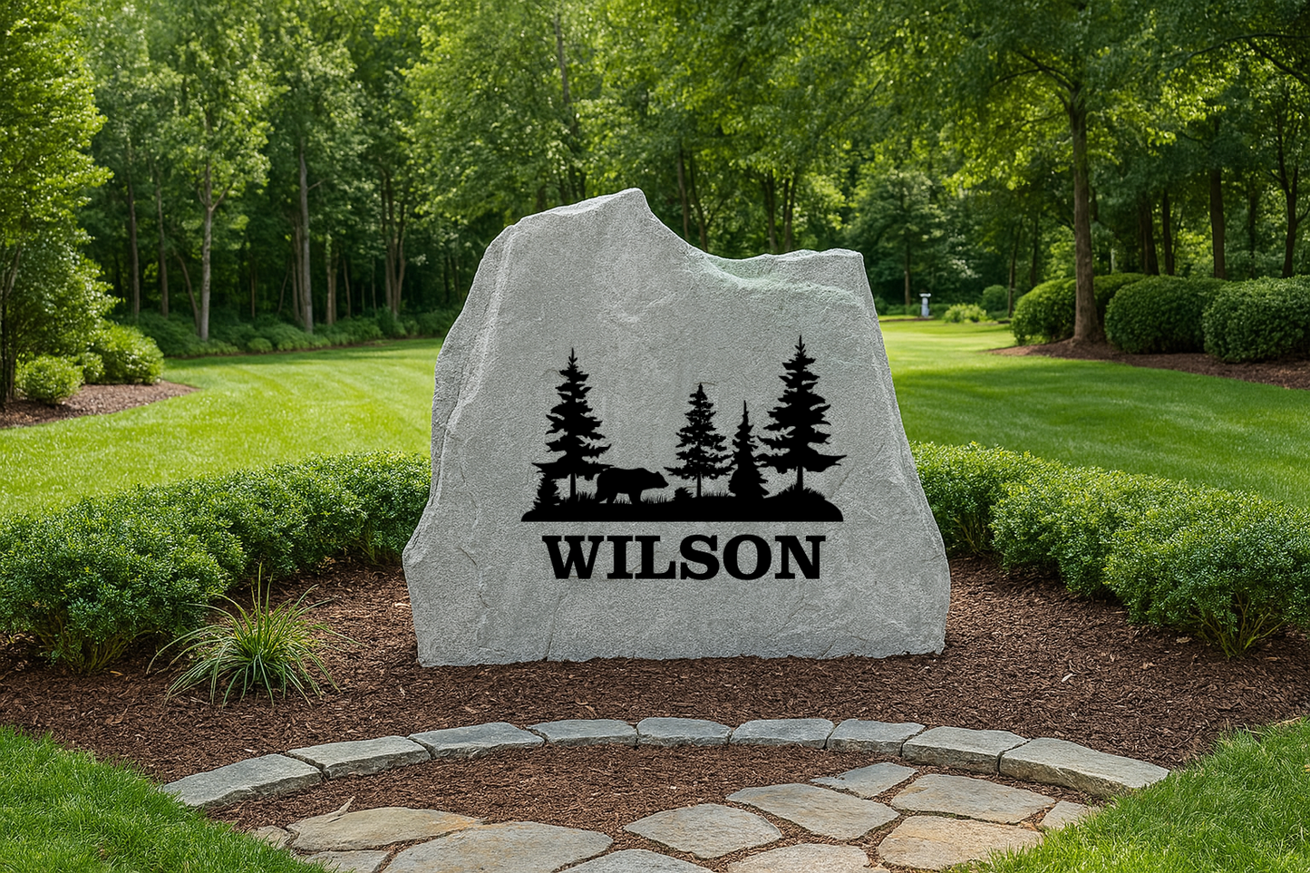 Bear Forest Yard Stone – Engraved Custom Name or Address for Lodge or Cabin