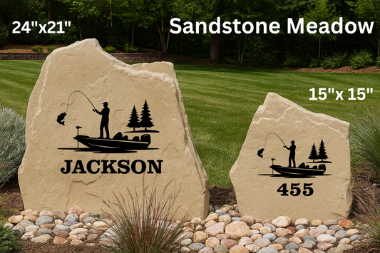 Engraved Fishing Scene Yard Stone – Personalized Name or Cabin Address Marker