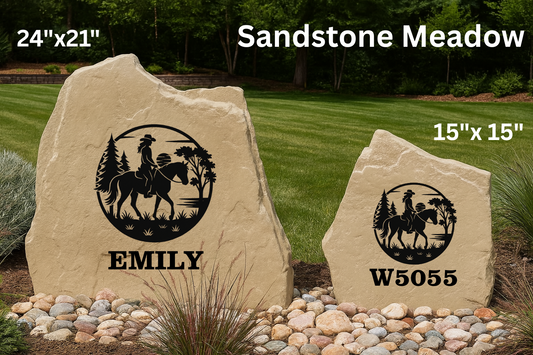 Cowgirl Scene Engraved Stone – Western Yard Decor, Personalized Ranch Entrance Sign, Outdoor Monument with Monument Paint Engraving