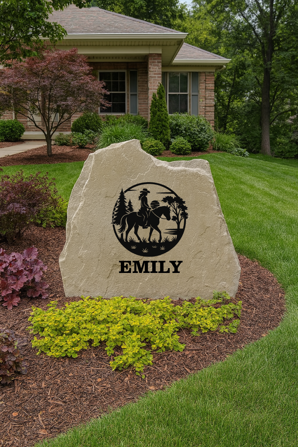 Cowgirl Scene Engraved Stone – Western Yard Decor, Personalized Ranch Entrance Sign, Outdoor Monument with Monument Paint Engraving