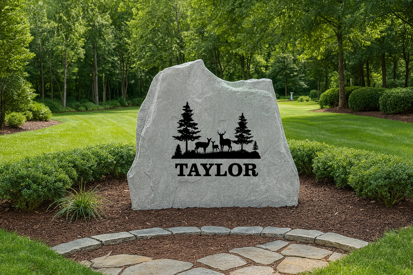 Deer Tree Scene Name or Address Stone – Custom Engraved Outdoor Rock
