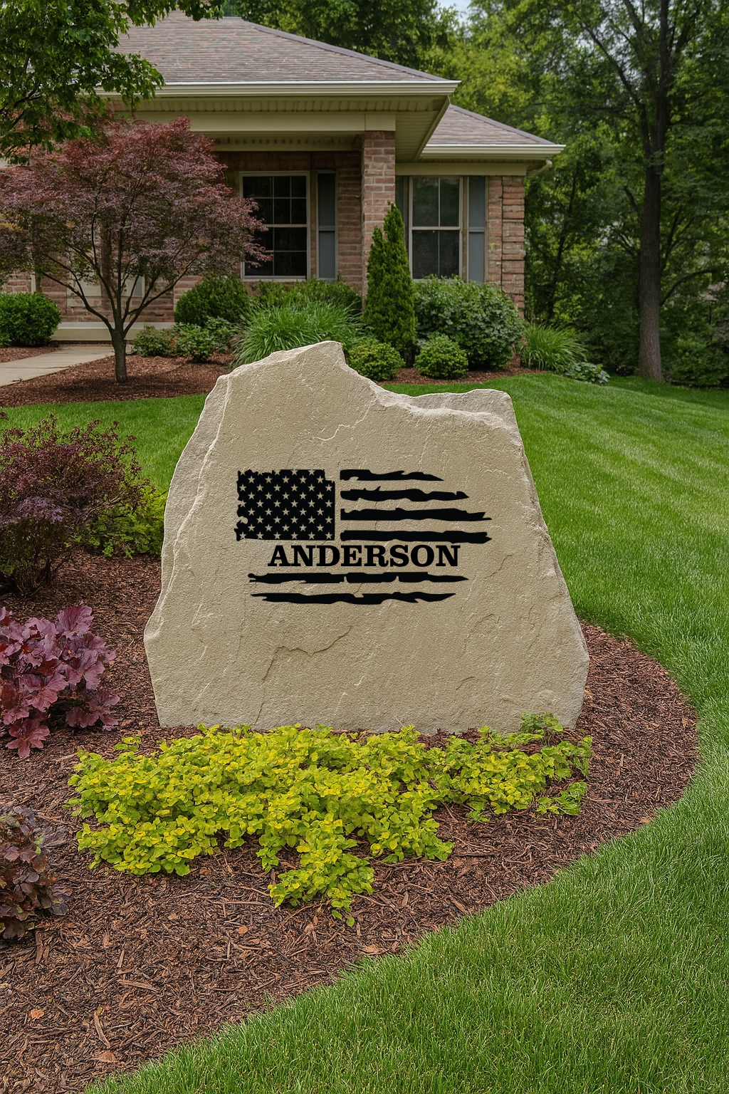 Patriotic USA Flag Yard Stone – Custom Engraved Name or Home Address Sign