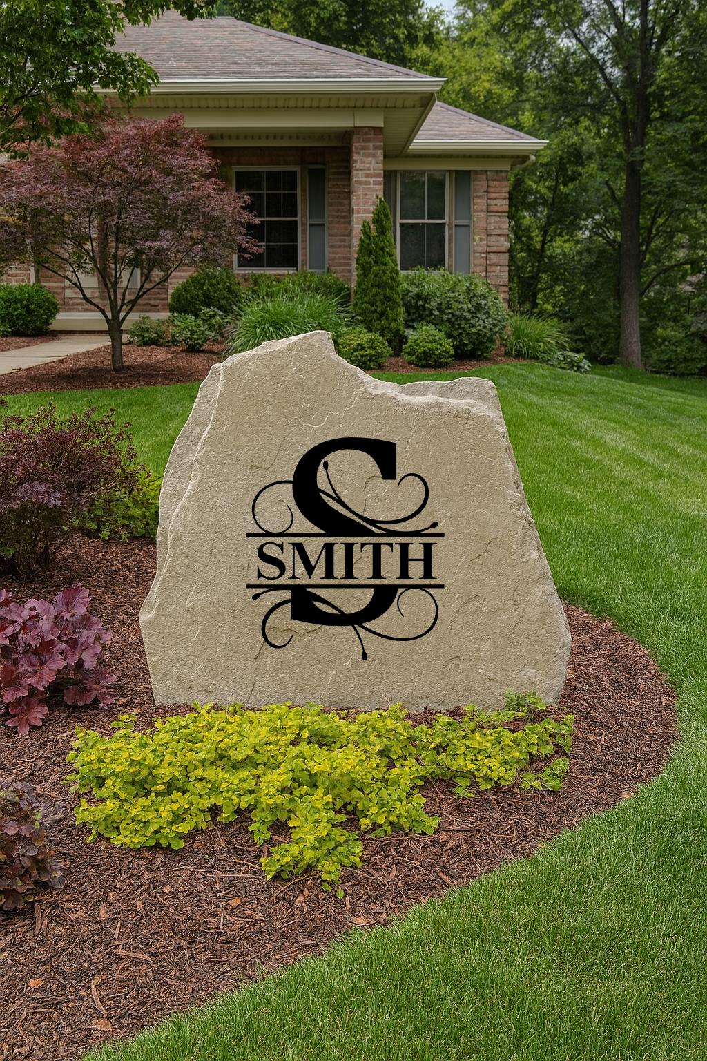 Elegant Vine Name Monogram Engraved Stone – Personalized Yard or Entryway Decor