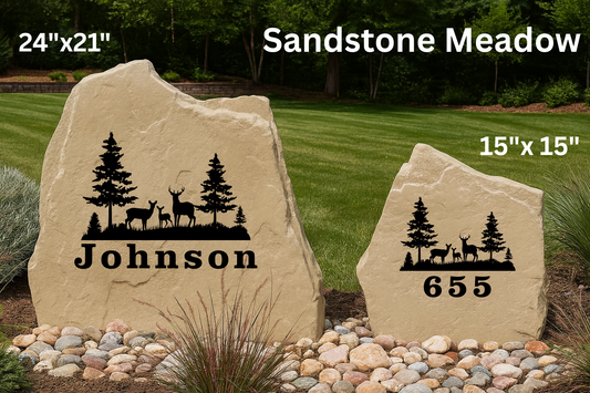 Deer Tree Scene Name or Address Stone – Custom Engraved Outdoor Rock